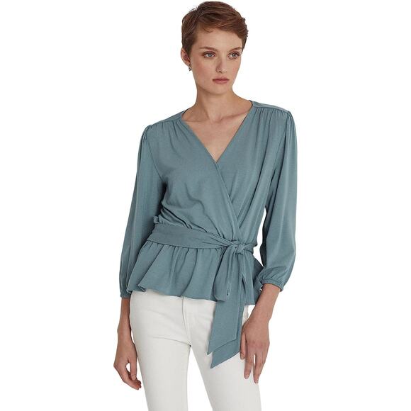 Lauren Ralph Lauren Women Sea Viscose Jersey Tie Waist Peplum Blouse Size L - Picture 1 of 7